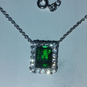 Emerald Square Halo Necklace - Green Crystal Pendant